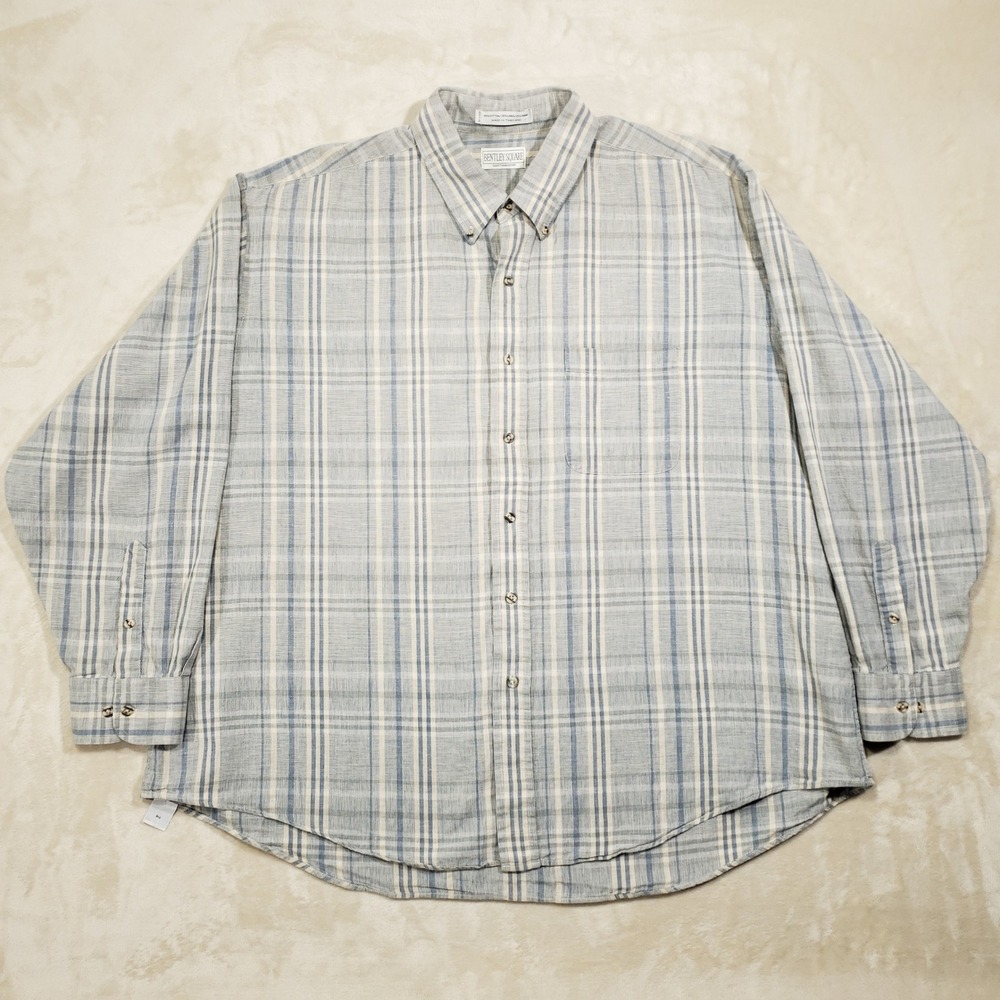 Bentley Square Button Down Mens 18.5 34/35 Blue Plaid Cotton Linen Ramie Vintage